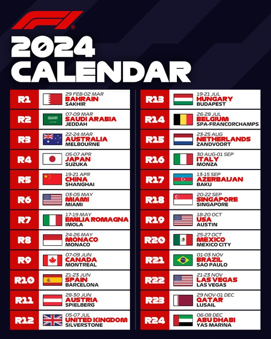 Представлен календарь Формулы 1 на 2024 год